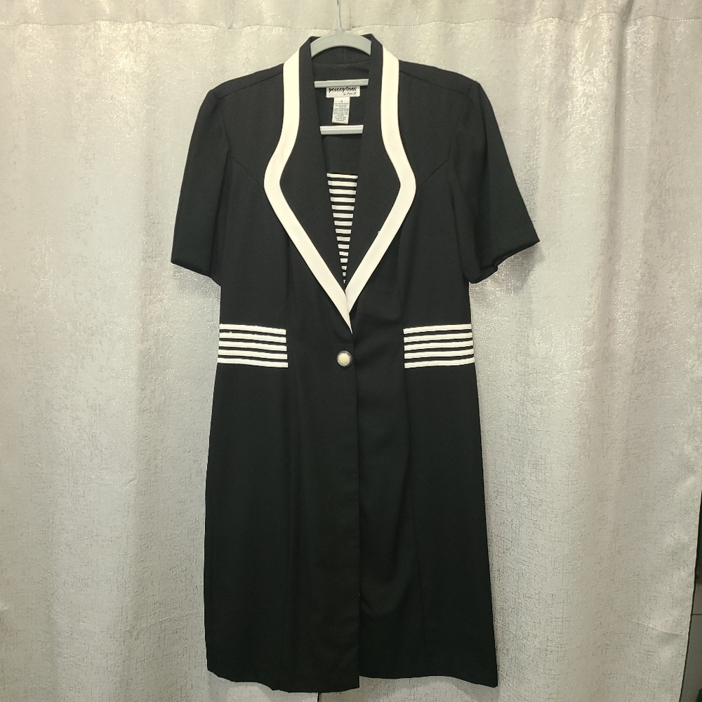Perceptions by Irene B vintage 80s black dress with white detailing stripes